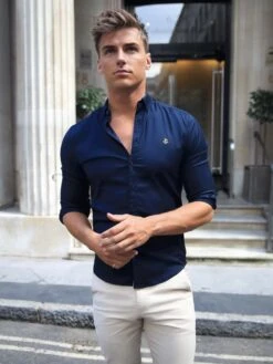 Albany Fitted Stretch Shirt - Navy -Cheap Clothing Store 1190Albany New02