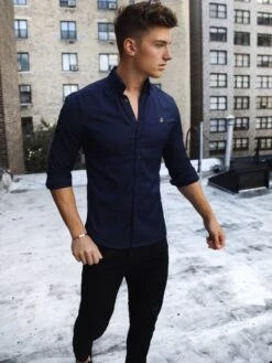 Albany Fitted Stretch Shirt - Navy -Cheap Clothing Store Albany 1