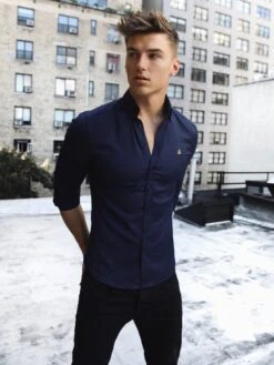 Albany Fitted Stretch Shirt - Navy -Cheap Clothing Store Albany 2